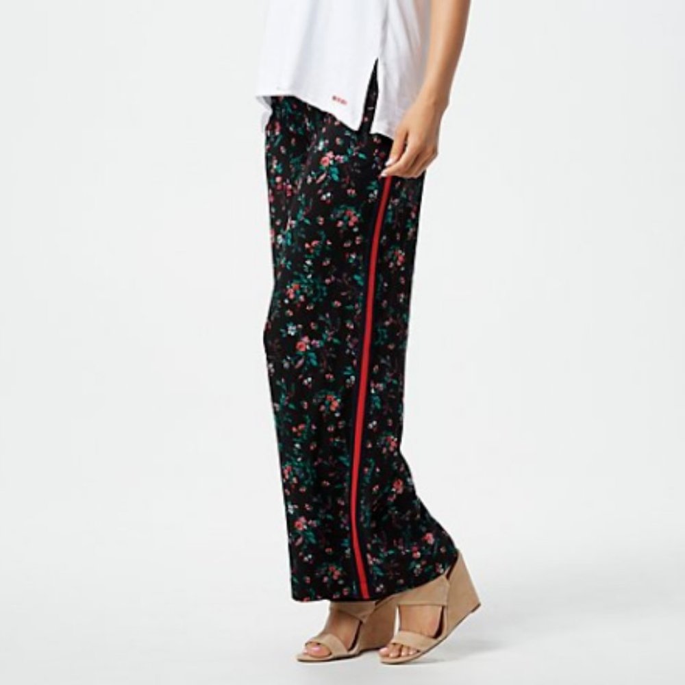 NWT DU JOUR BLACK FLORAL PANTS W/TRACK STRIPE MEDIUM
